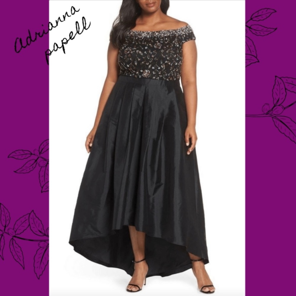Adrianna papell off the shoulder Hi Low Gown with sequin floral beaded bodice - Picture 6 of 12